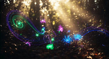 Colorful bokeh lights in the forest. Fairy lights in the forest at nightの素材