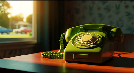 Vintage green telephone on the table in the living room at sunsetの素材