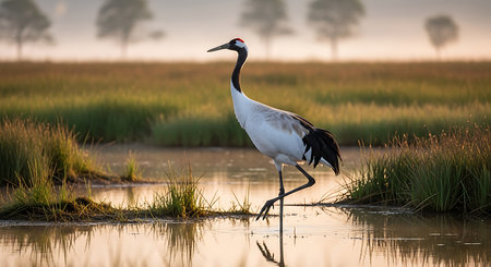 Red-crowned crane, Grus japonensis, single bird in water, Brazilの素材