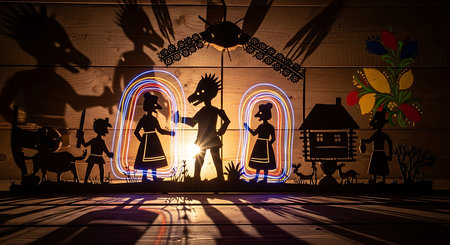 Halloween night scene with silhouettes of scarecrow and scarecrow.の素材
