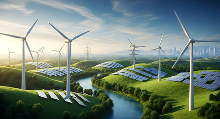 Solar panels and wind turbines in a green meadow. 3D renderingの素材