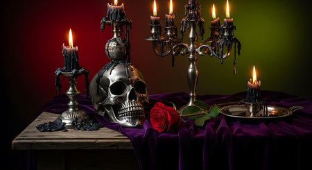 Still life with human skull, candlesticks and red rose on dark backgroundの素材