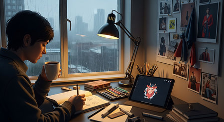 Young man working at home with a laptop and a cup of coffeeの素材