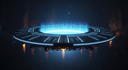 Futuristic spaceship with blue neon light. Futuristic spaceship conceptの素材