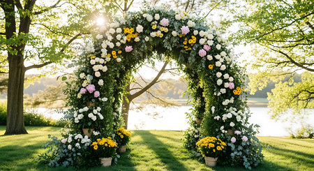 Wedding arch decorated with flowers in a park. Wedding decoration.の素材