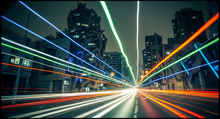 light trails on the modern building background in shanghai china.の素材
