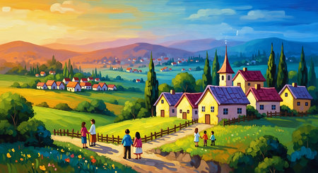 Village in the mountains at sunset. Rural landscape. Vector illustrationの素材