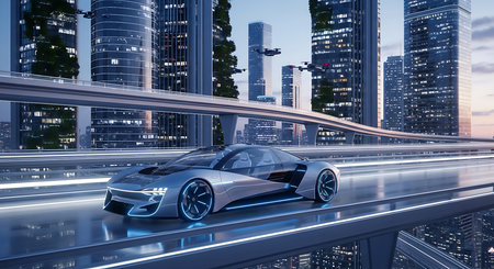 Concept car on the road with a modern city in the backgroundの素材