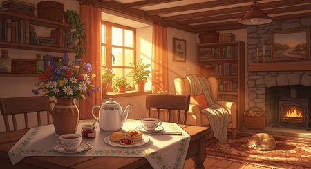 Interior of the living room with a cup of coffee and a bookcaseの素材
