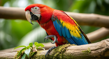 beautiful Scarlet macaw on a branch in the jungle. close upの素材
