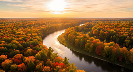 Aerial view of autumn forest and river. Colorful trees at sunset.の素材