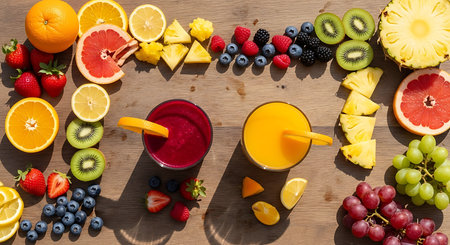 Fruit and berry smoothie on wooden table, top viewの素材