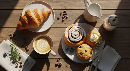 Breakfast with coffee and croissants on wooden table, top viewの素材