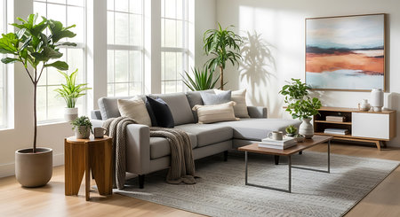 Modern living room interior design with sofa, coffee table and plants. 3d renderの素材