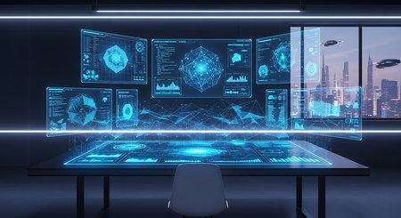 Dark office interior with glowing hologram screens. 3D Renderingの素材