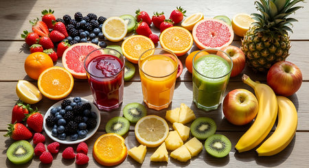 Fruit juices and smoothies in glass with fresh fruits and berriesの素材