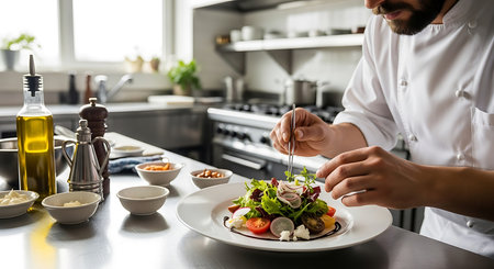 Chef preparing salad in the kitchen, close-up of handsの素材