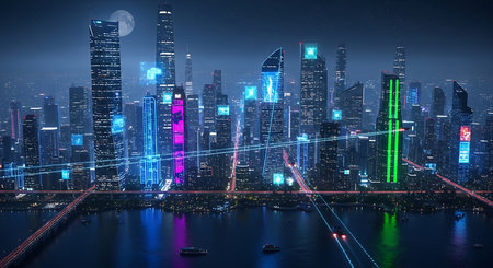 Futuristic cityscape at night with skyscrapers and high-rise buildingsの素材