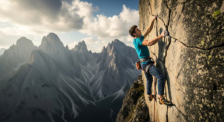 Young male climber hanging on a cliff with mountains on the backgroundの素材