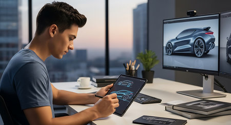 young asian man using tablet computer while sitting at desk in officeの素材