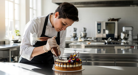 Chef decorating cake in the kitchen of a restaurant or cafeの素材