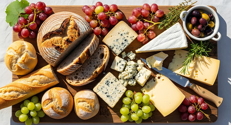 Cheese platter with grapes, olives and bread on wooden tableの素材