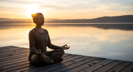Young woman practicing yoga on a wooden pier by the lake at sunriseの素材