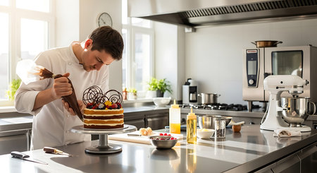 Young man making a cake in the kitchen at home, he is eating itの素材