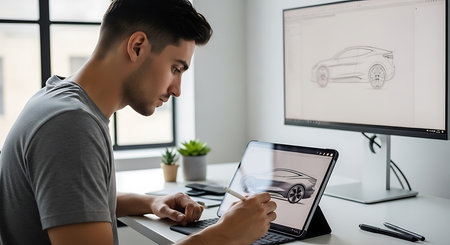 young man using digital tablet with car model on screen at home officeの素材