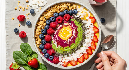 Healthy breakfast bowl with oatmeal, fresh berries, yogurt, granola and smoothieの素材
