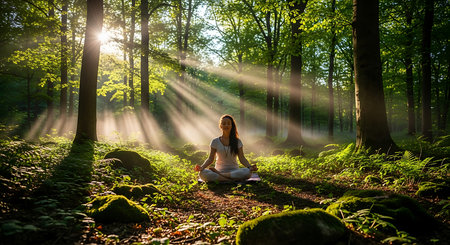 Young woman practicing yoga in a green forest on a sunny day.の素材