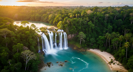 Aerial view of Iguazu Falls at sunset, Argentinaの素材