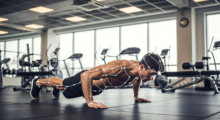 sport, fitness, lifestyle and people concept - young man doing push ups in gymの素材