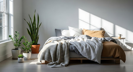 Modern bedroom interior with a large bed and plants. 3d renderの素材