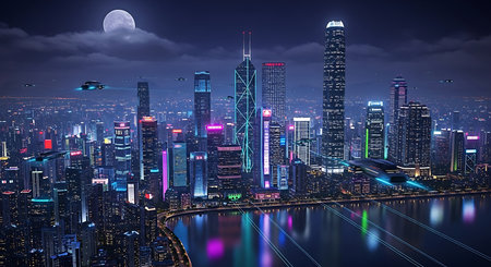 Night view of skyscrapers and modern buildings in Shanghai, Chinaの素材