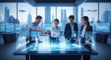 Three young business people in suits working on laptop in modern office with double exposure of digital interface. Toned imageの素材