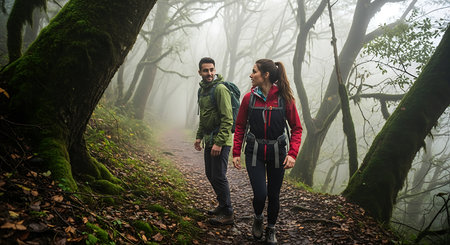 Couple hiking on a foggy forest trail in the morning.の素材