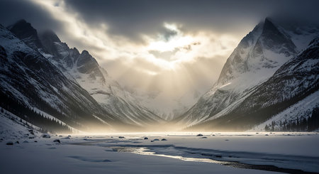Fantastic winter landscape with snow-capped mountains and frozen lakeの素材