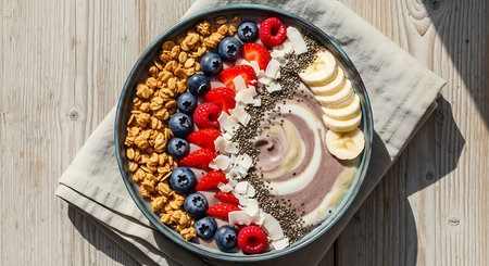 Healthy breakfast bowl with granola, yogurt, berries and chia seedsの素材