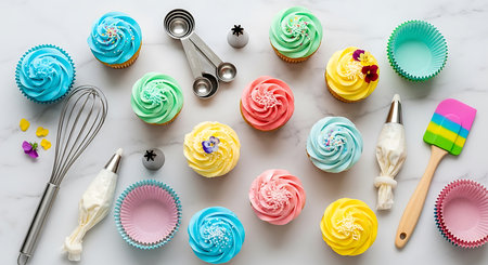 Colorful cupcakes with buttercream frostingle background.の素材