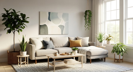 interior with grey sofa. 3d render illustration mock-upの素材