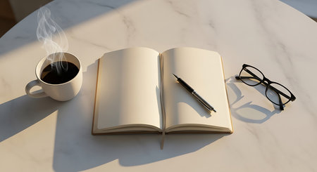Notebook with pen and coffee cuple table. 3d renderingの素材
