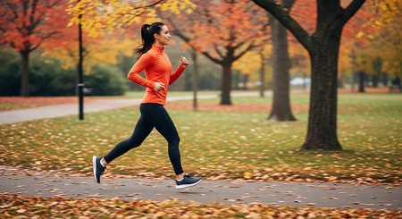 Young woman running in autumn park. Fitness and healthy lifestyle concept.の素材