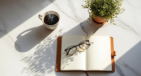 Open notebook, glasses and cup of coffee on white marble table.の素材