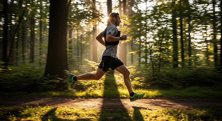 Young man running in the forest at sunrise. Healthy lifestyle and fitness.の素材