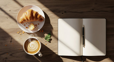 Cup of coffee with croissant and notebook on wooden tableの素材