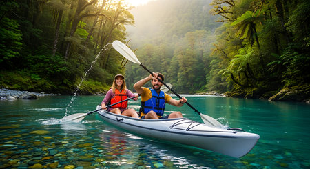 Couple kayaking on a beautiful lake in the forest. Man and woman paddling on a kayakの素材