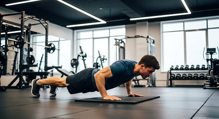 Young man doing push-ups in a gym. Crossfit trainingの素材