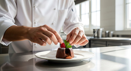 Close-up of a male chef decorating a chocolate cake with fresh strawberriesの素材