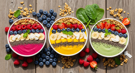 Healthy breakfast bowls with chia seeds, strawberries, blueberries, bananas, chia seeds and oatmeal on wooden backgroundの素材
